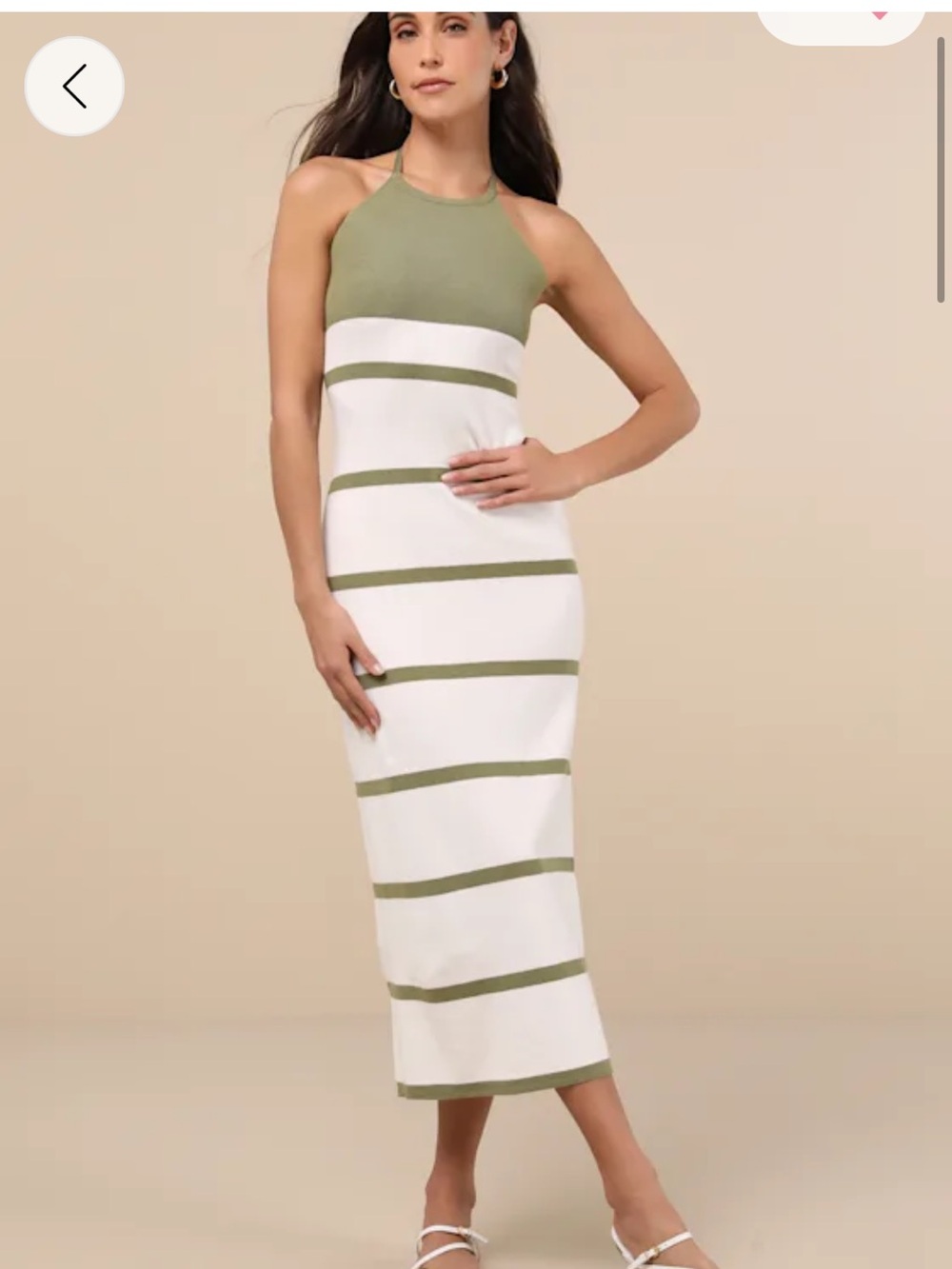 Lulu’s Friendly Cutie Olive & White Striped Halter Midi Dress